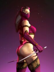 1girls 3d arm_strap assassin big_ass big_breasts bubble_ass bubble_butt dat_ass dual_wielding edenian elbow_gloves fingerless_elbow_gloves gradient_background mask mileena mileena_(mk9) mileena_(new_era) mohleena mortal_kombat mortal_kombat_(2011) mortal_kombat_1_(2023) ninja pink_elbow_gloves pink_mask pink_thighhighs pink_thong pink_topwear ponytail purple_background sai_(weapon) side_shave side_view standing thighhighs thong word2