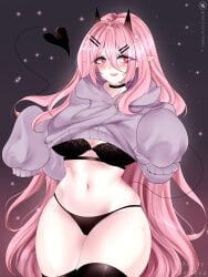 1girls 2023 absurd_res asmodea_(artist) black_thighhighs blush choker demon_girl demon_horns demon_tail female female_only freckles hairclip hoodie horns june_(megrocks) light-skinned_female light_skin lingerie long_hair looking_at_viewer pink_eyes pink_hair pointy_ears smiling smiling_at_viewer solo succubus tail thick_thighs thighhighs very_long_hair wide_sleeves