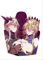 1boy 2girls animated artoria_pendragon artoria_pendragon_(lancer) artoria_pendragon_(lancer_alter) bald big_breasts blonde_hair blush breast_grab breasts cleavage fate/grand_order fate_(series) fondling grabbing huge_breasts looking_at_viewer netorare s_doubt90 shorter_than_10_seconds shorter_than_30_seconds sweat video