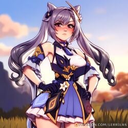 ai_eyes ai_generated genshin_impact hair_ornament hands_on_hips keqing_(genshin_impact) lerrilas pink_eyes purple_hair tagme