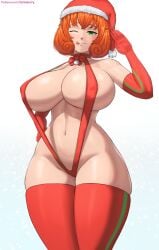 1girls breasts christmas christmas_clothing christmas_hat christmas_outfit cowboy_shot female female_only green_eyes large_breasts light-skinned_female light_skin naughty_face orange_hair penny_polendina rwby santa_hat simple_background sling_bikini superbusty thick_thighs wide_hips