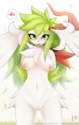 absurd_res anthro breasts chest_tuft female fermusieboir4 front_view fur generation_4_pokemon genitals green_eyes green_hair hair hands_behind_back heart hi_res legendary_pokemon long_hair looking_at_viewer nintendo pokemon pokemon_(species) pussy shaymin sky_forme_shaymin smile smug solo standing tuft white_body white_fur wide_hips