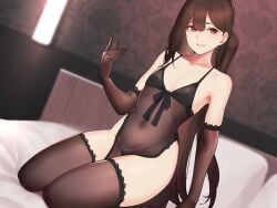 1boy 2019 armpits babydoll bare_shoulders bed bed_sheet black_babydoll black_gloves brown_hair clothing crossdressing elbow_gloves femboy gloves hayabusa highres indoors kneeling lace lace-trimmed_thighhighs lace_trim long_hair looking_to_the_side male male_only navel no_panties no_shoes on_bed open_mouth original otoko_no_musume_(hayabusa) pelvic_curtain pillow red_eyes see-through see-through_clothing side_ponytail slit_pupils smile solo thick_thighs thighhighs thighs tied_hair tongue trap very_long_hair zettai_ryouiki