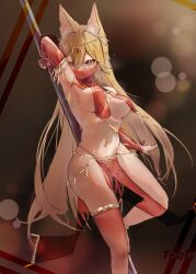 1girls 2023 animal_ear_fluff animal_ears arknights bikini blonde_hair blonde_hair breasts breeze_(arknights) fox_ears fox_girl hi_res kemonomimi light-skinned_female light_skin long_hair looking_at_viewer navel no_bra skimpy skimpy_clothes solo standing stripper stripper_pole toquin