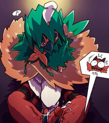 1boy absurd_res ambiguous_gender avian beak blush bodily_fluids claws cum decidueye feet feline foot_fetish footjob genital_fluids half-closed_eyes hi_res incineroar interspecies male male_only male_pov musical_note nintendo penis pokémon_(species) pokemon pokemon_sm pov ryeono_kemo trembling veins video_games