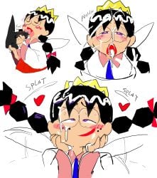 1girls 2023 ahe_gao black_hair blush clothing crown cum cum_in_mouth cum_on_face dark_matter fairy fellatio female female_focus forbiddenchees8 glasses hand_on_penis handjob heart implied_penetration implied_sex kirby_(series) penis pleasure_face purple_eyes queen_ripple stroking_penis text twin_braids