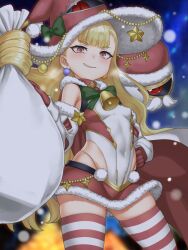 1girls armpit_crease ass_visible_through_thighs blonde_hair cape christmas covered_navel detached_sleeves earrings eitri_(fire_emblem) female female_only fire_emblem fire_emblem_heroes hat highres jewelry long_hair looking_at_viewer miniskirt nintendo ocha_(pixiv78064921) prehensile_hair red_eyes santa_costume santa_hat skindentation skirt smile snowing solo striped striped_thighhighs thighhighs