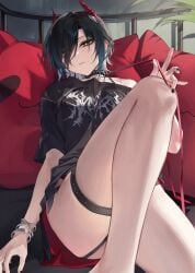 1girls azur_lane bare_legs black_hair black_nails black_shirt choker ear_piercing expressionless goth_fashion hair_over_one_eye knee_up no_pants piercing sabotensuteeki slit_pupils spiked_choker two-tone_hair ulrich_von_hutten_(azur_lane) upshirt