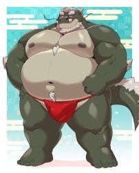 12beat13 2024 absurd_res anthro asian_clothing belly big_belly bulge clothing dragon east_asian_clothing fundoshi green_body hi_res holidays japanese_clothing kemono male moobs navel new_year nipples overweight overweight_male red_clothing red_fundoshi red_underwear solo underwear