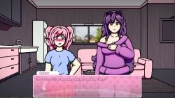 2girls big_breasts breasts doki_doki_literature_club english_text female female_only human multiple_girls natsuki_(doki_doki_literature_club) pink_eyes pink_hair purple_eyes purple_hair sinflative text thick_thighs wide_hips yuri_(doki_doki_literature_club)