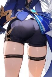 ai_generated ass ass_focus cameltoe female from_behind furina_(genshin_impact) genshin_impact head_out_of_frame long_hair madeinai shiny shiny_clothes shiny_hair shiny_skin short_shorts shorts solo thick_thighs thigh_strap very_long_hair white_hair