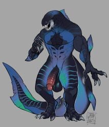 4_fingers abs absurd_res alternate_version_at_source anthro balls big_balls big_penis blue_body claws cryptid_jhin digitigrade dunkleosteus fingers fish genitals glans hi_res male marine muscular muscular_anthro muscular_male penis placoderm prehistoric_species simple_background solo standing tail tail_genitals tail_penis unusual_anatomy unusual_genitalia_placement unusual_penis_placement unusual_tail