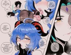 1boy 1girls ass black_hair blue_hair chained comic cum cum_drip cum_in_mouth english_text fellatio female ganyu_(genshin_impact) genshin_impact goat_horns heart-shaped_pupils leotard lips pantyhose text thiccwithaq xiao_(genshin_impact)