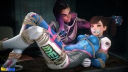 2girls bondage brown_hair d.va female female_only gagged makeup_running moxamus multiple_girls overwatch overwatch_2 rope_bondage sombra syringe tape_gag tears tight_bodysuit