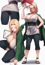 1girls armpits arms_behind_head arms_up bangs bare_shoulders big_breasts blonde_hair blush breasts brown_eyes clavicle cleavage closed_mouth clothed_female clothing facial_mark fanbox_reward female_only forehead_mark green_jacket high_res high_resolution holding_jacket huge_breasts jacket jacket_removed kimono long_hair looking_at_viewer lun7732 mature mature_female naruto naruto_shippuden obi one_arm_up one_eye_closed parted_bangs pivix_fanbox robe sash simple_background sleeveless smile solo_female tagme tsunade very_high_resolution wafuku white_background white_kimono