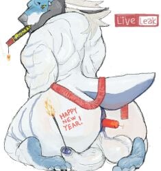 amygdahlia_(artist) anus ass balls big_penis bodily_fluids dragon drawpile feet firework_in_ass firework_in_penis fireworks foreskin genitals hartswell_(amygdahlia) holidays kneeling looking_back male muscular new_year new_year_2024 penis penis_tuck presenting presenting_hindquarters soles solo sweat sweatdrop worried