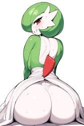 ai_generated alteryors backboob game_freak gardevoir green_hair huge_ass looking_at_viewer looking_back nintendo novelai pokémon_(species) pokemon pokemon_(species) red_hair sitting smile solo sweat