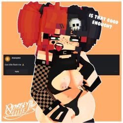 1girls 3d 3d_(artwork) ask_blog big_breasts breasts breasts_out dialogue ear_piercing ellie_walls_(odysseyellie) face_tattoo female female_only flashing flashing_breasts freckles front_view goth goth_girl heart_tattoo looking_at_viewer mine-imator minecraft nipple_piercing nipples odysseyellie open_mouth panties panties_aside piercing pussy skull_hair_ornament solo tattoo text thick_ass thick_thighs tongue tongue_out two_tone_hair wide_hips