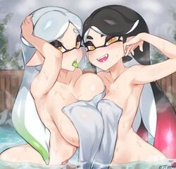 +_+ 2girls 5_fingers armpits asymmetrical_docking big_breasts black_hair blush breasts breasts_frottage callie_(splatoon) cleavage cousins female female_only green_tongue hot_spring incest inkling jtveemo large_breasts looking_at_viewer marie_(splatoon) mole_under_eye multiple_girls naked_towel nintendo partially_submerged splatoon squid_sisters symbol-shaped_pupils tentacle tentacle_hair tongue tongue_out towel unusual_pupils water wet white_hair yellow_eyes yellow_pupils yuri