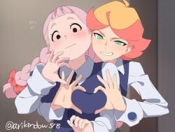 2girls amanda_o'neill arikindows10 fully_clothed heart_hands jasminka_antonenko little_witch_academia school_uniform schoolgirl_uniform tagme witch