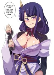 1girls breasts cleavage dialogue english_text female genshin_impact hinghoi huge_breasts inazuma light-skinned_female light_skin long_hair naughty_face princesshinghoi purple_eyes purple_hair raiden_shogun solo_female