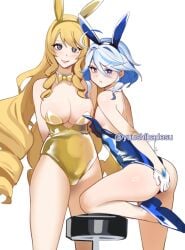 2girls ass blonde_hair blue_eyes breasts bunny_ears bunny_girl bunnysuit covering_crotch female female_only furina_(genshin_impact) genshin_impact leotard looking_at_viewer navia_(genshin_impact) playboy_bunny white_hair yuushiba