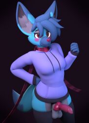 3d_(artwork) animal_genitalia anthro balls blender_(software) blue_body blue_fur blue_hair blush breasts canid canine clothed clothing digital_media_(artwork) dipstick_ears dipstick_tail fox fur futanari genitals grey_body grey_eyelids grey_fur grey_inner_ear gynomorph hair hand_on_hip hi_res hoodie intersex knot legwear looking_forward male_(lore) mammal markings mostly_clothed multicolored_body multicolored_ears multicolored_fur no_underwear pattern_clothing pattern_scarf penis red_eyes red_nose red_penis rule_63 scarf sheath small_breasts smile smirk solo standing striped_clothing striped_scarf stripes tail tail_markings thigh_highs topwear username-password username_(character) winter_clothing