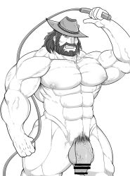 balls bar_censor bara beard big_penis censor_bar censored censored_penis dandy-j facial_hair flaccid hat male male_only monochrome muscles muscular nude penis shiro_tora solo solo_male waku_waku_7 whip