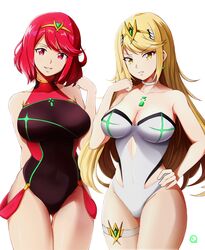 2girls blonde_hair breasts choker cleavage commentary competition_swimsuit covered_navel dual_persona earrings english_commentary eyebrows_visible_through_hair female_focus gem hair_ornament headpiece highres jewelry large_breasts long_hair looking_at_viewer matching_hair/eyes multiple_girls mythra nintendo one-piece_swimsuit pose pyra red_eyes red_hair short_hair simple_background skindentation smile standing swimsuit teeth thigh_strap thighs tiara turtleneck very_long_hair white_background white_neckwear whitelie xenoblade_(series) xenoblade_chronicles_2 yellow_eyes