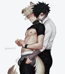 2boys animal_ears animal_tail bakugou_katsuki boku_no_hero_academia bulge clothed clothing collar dabi katsuki_bakugou my_hero_academia saika076 scars todoroki_touya touya_todoroki yaoi