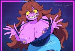 1girls big_breasts blush brown_hair clothing deltarune nervous nipple_piercing pink_eyes purple_skin sharp_teeth spacewyvern susie_(deltarune) sweatdrop tattoo tattoo_on_breast thick_thighs wide_hips