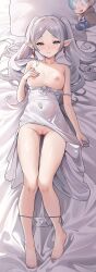 barefoot breasts censored character_doll covered_navel dakimakura_(medium) elf female frieren green_eyes highres long_hair looking_at_viewer lying mosaic_censoring nipples on_back on_bed otakueden1995 panties parted_bangs pillow pointy_ears pussy small_breasts solo sousou_no_frieren toes twintails underwear white_hair white_panties