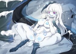 absurdres anus aojiao_bingmo_tu blur_censor breasts censored colored_skin dildo female furry furry_female highres kindred lamb_(league_of_legends) large_breasts league_of_legends long_hair lying mask mask_on_head navel nipples on_back outdoors pussy riot_games sex_toy snow snowing solo spread_legs white_hair white_skin