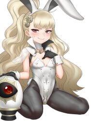 1girls alternate_costume animal_ears blonde_hair blush breasts bunny_ears bunny_girl bunnysuit eitri_(fire_emblem) fake_animal_ears female female_only fire_emblem fire_emblem_heroes gears gloves highres nintendo ocha_(pixiv78064921) on_floor pantyhose playboy_bunny rabbit_ears red_eyes shawl small_breasts smile solo tri_tails