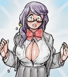 1girls alternate_breast_size big_breasts bursting_breasts button_pop cleavage female glasses hoshimi_junna keigi_(artist) open_mouth puffy_nipples purple_hair ribbon school_uniform schoolgirl shoujo_kageki_revue_starlight surprised wardrobe_malfunction