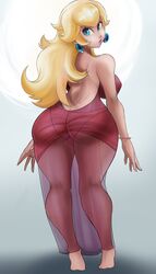 1girls ass ass_cleavage ass_in_dress big_ass big_breasts blonde_hair blue_eyes breasts butt_crack clothed clothing dress earrings female female_only from_behind full_body looking_at_viewer looking_back lyn_nyl mario_(series) nintendo princess_peach see-through see-through_clothing simple_background solo standing translucent_clothing