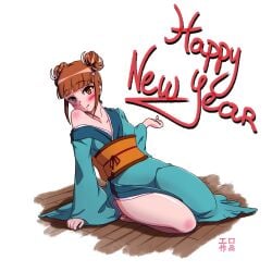 1girls artist_name barefoot blue_eyes blunt_bangs blush blushing_at_viewer breasts brown_hair cute dark_blonde dark_blonde_hair double_bun english_text ero_sakuga exposed_shoulder facing_viewer female female_only full_body gold_eyes green_kimono hair happy_new_year heterochromia kimono looking_at_viewer no_bra obi off_shoulder on_floor on_knees rosalie_rovels running_bond sidelocks single_bare_shoulder sitting_on_knees skinny small_breasts smile solo streaked_hair teeth_pointy teeth_showing three-quarter_view translated wall_eyes wariza white_background white_hair wooden_floor yellow_eyes