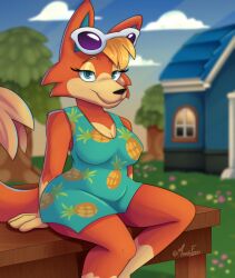 animal_crossing anthro audie_(animal_crossing) blonde_hair blue_clothing blue_dress blue_eyes breasts canid canine canis cheek_tuft cleavage clothed clothing dipstick_limbs dress eyelashes eyeshadow eyewear eyewear_on_head facial_tuft female fur hair head_tuft hi_res looking_at_viewer makeup mammal mandyfoxy nintendo orange_body orange_fur sitting solo sunglasses sunglasses_on_head tan_body tan_fur thick_thighs tuft wide_hips wolf yellow_eyeshadow