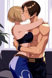 blue_mary fatal_fury hugging jeans jnbu king_of_fighters kissing kyo_kusanagi shirtless sports_bra