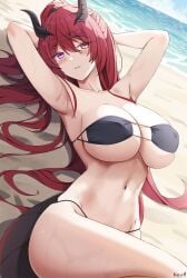 1girls artist_name beach belly_button bikini black_bikini blush breasts captain_fiore_(redfiore) cleavage dragon_girl dragon_horns dragon_tail eyebrows_visible_through_hair female female_only hands_behind_head heterochromia horns huge_breasts indie_virtual_youtuber keenh laying_down light-skinned_female light_skin looking_at_viewer monster_girl outside ponytail purple_eye red_eye sand solo swimsuit tail virtual_youtuber water