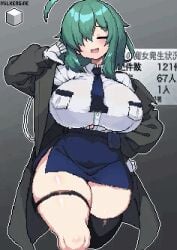 1girls animated bouncing_breasts clothing coat female green_eyes green_hair kyosuke_fujiwara large_ass large_breasts pixel_animation pixel_art posing thick_thighs uniform