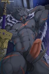 anthro big_balls big_penis blaidd_(elden_ring) canid canine canis dark_fur elden_ring erection fromsoftware fur furry grey_body grey_fur lionkinen male male_nipples male_only mammal muscular_male nipples nude wolf