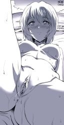 anus ayanami_rei beach blush breasts completely_nude female head-cha-la head_cha_la laying_on_back looking_at_viewer medium_breasts monochrome neon_genesis_evangelion one_leg_up pussy rei_ayanami short_hair solo solo_female sweat