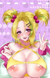 1girls 2023 areolae asmodea_(artist) big_breasts blush cleavage earrings female female_only freckles gift_art green_highlights hairclip heart-shaped_pupils lactation looking_at_viewer makeup nipple_piercing nipples nipples_outside peace_sign pearl_hair_ornament pink_eyes saya_(rizdraws) smiling smiling_at_viewer solo twintails v_sign yellow_eyes