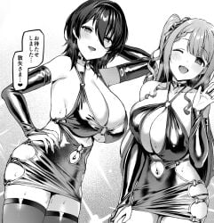 2girls absurd_res absurdres asaba_ibuki black_and_white bodycon cuckold doujin doujinshi dress female female_focus female_only gloves greyscale hd hi_res high_resolution highres japanese_text monochrome more_at_source netorare ntr satou_kuuki shiny_clothes shirosaki_koharu skin_tight skin_tight_dress skin_tight_outfit skindentation tagme text thighhighs tight_clothes tight_clothing tight_fit