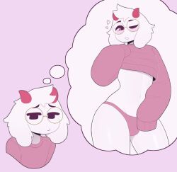 anthro bovid caprine clothed clothing crop_top crossdressing deltarune exqmaster eyewear femboy fur girly glasses goat male male_only mammal midriff navel one_eye_closed panties ralsei round_glasses shirt solo solo_male sweater thong thought_bubble topwear undertale_(series) underwear white_body white_fur