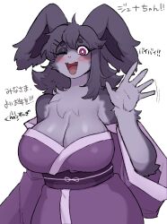 2023_(rabbit) anthro biped blush breasts cleavage clothed clothing female fur gesture hi_res japanese_text lagomorph leporid mammal purple_body purple_eyes purple_fur rabbit simple_background solo sususuigi text translation_request waving white_background