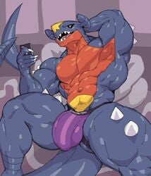 1boy abs anthro anthrofied ass bara belly black_sclera blue_skin bulge cellphone claws clothed clothing dragon eye_contact flexing garchomp half-closed_eyes hand_behind_head hi_res holding jockstrap looking_at_viewer male male_only muscular muscular_male navel nintendo no_nipples original_character partial_nudity phone pokémon_(species) pokemon pokemon_(species) pokemon_dppt pose red_skin scalie sitting sketch smile solo sxfpantera tail text thick_thighs topless underwear video_games watermark yellow_eyes yellow_skin