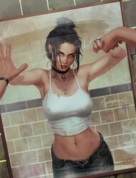 1girls armpits bare_shoulders big_breasts black_hair breasts female female_only green_eyes krysdecker laura_kinney marvel marvel_comics mirror mutant red_lipstick solo solo_female tied_hair x-23 x-men