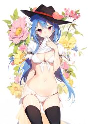 1girls blue_hair blush hinanawi_tenshi looking_at_viewer shirt_lift stockings tagme tenshi_hinanawi tetsurou_(fe+) touhou violet_eyes